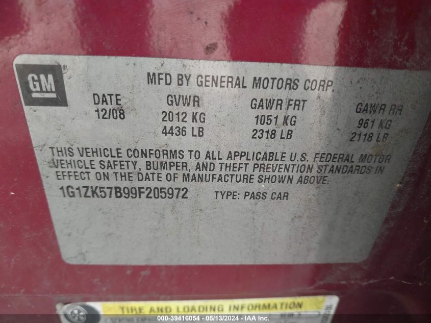 2009 Chevrolet Malibu Ltz VIN: 1G1ZK57B99F205972 Lot: 39416054