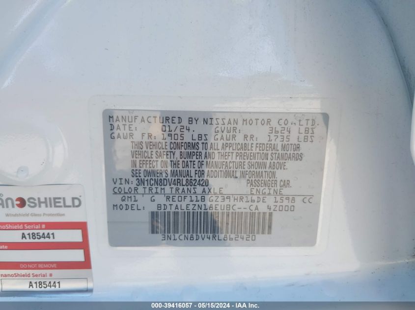 2024 Nissan Versa 1.6 S VIN: 3N1CN8DV4RL862420 Lot: 39416057