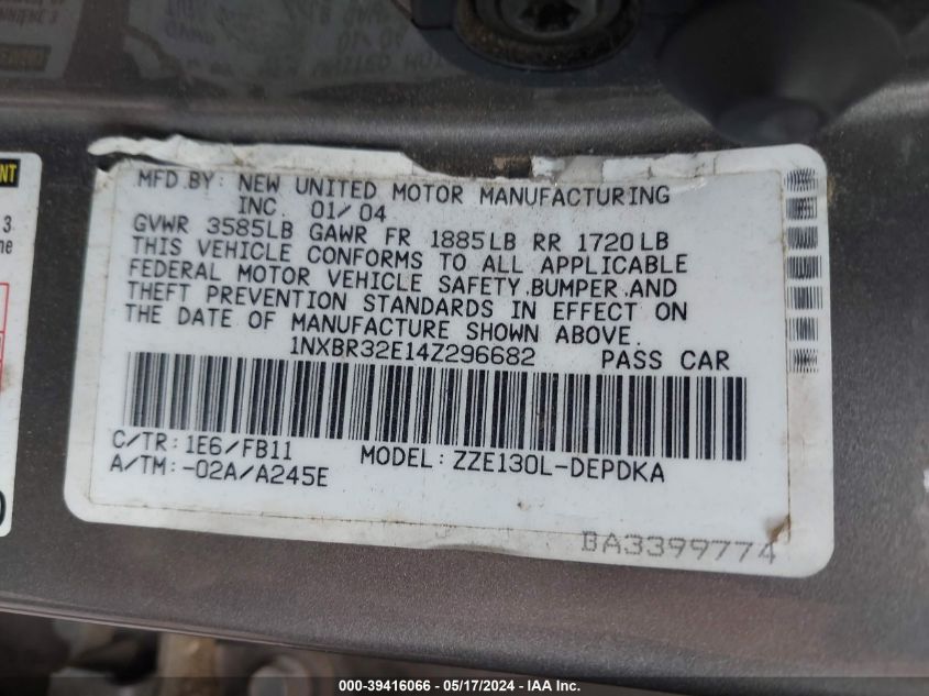 2004 Toyota Corolla Ce VIN: 1NXBR32E14Z296682 Lot: 39416066