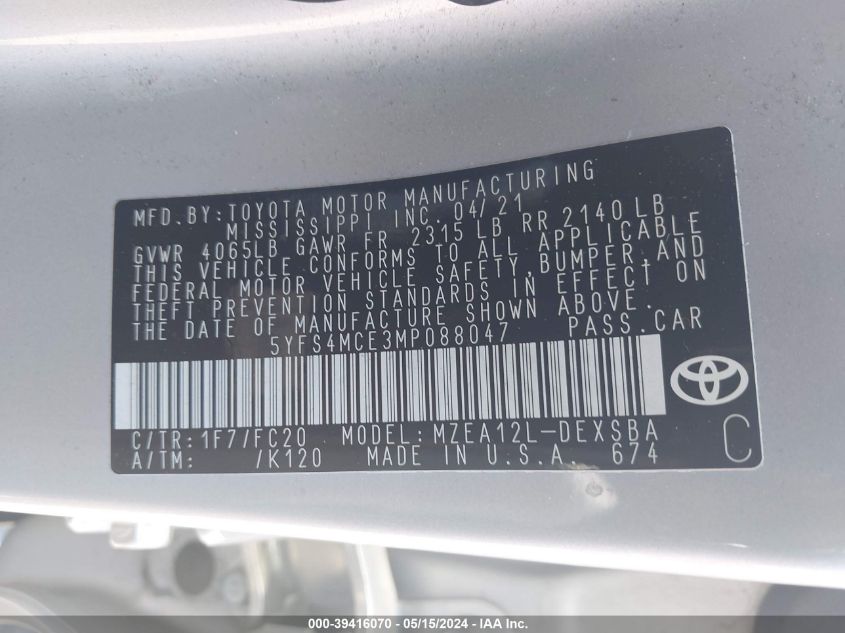 VIN 5YFS4MCE3MP088047 2021 TOYOTA COROLLA SE