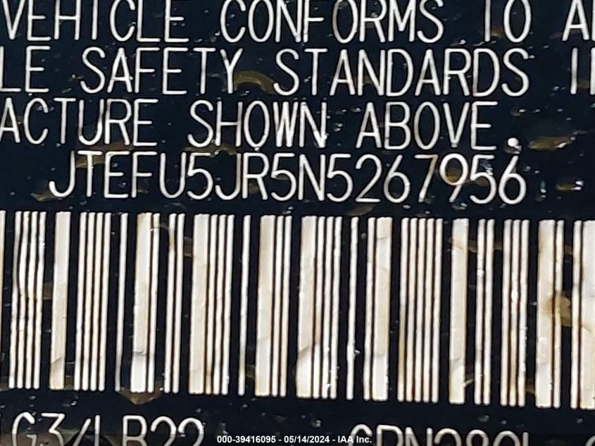 2022 Toyota 4Runner Sr5 Premium VIN: JTEFU5JR5N5267956 Lot: 39416095