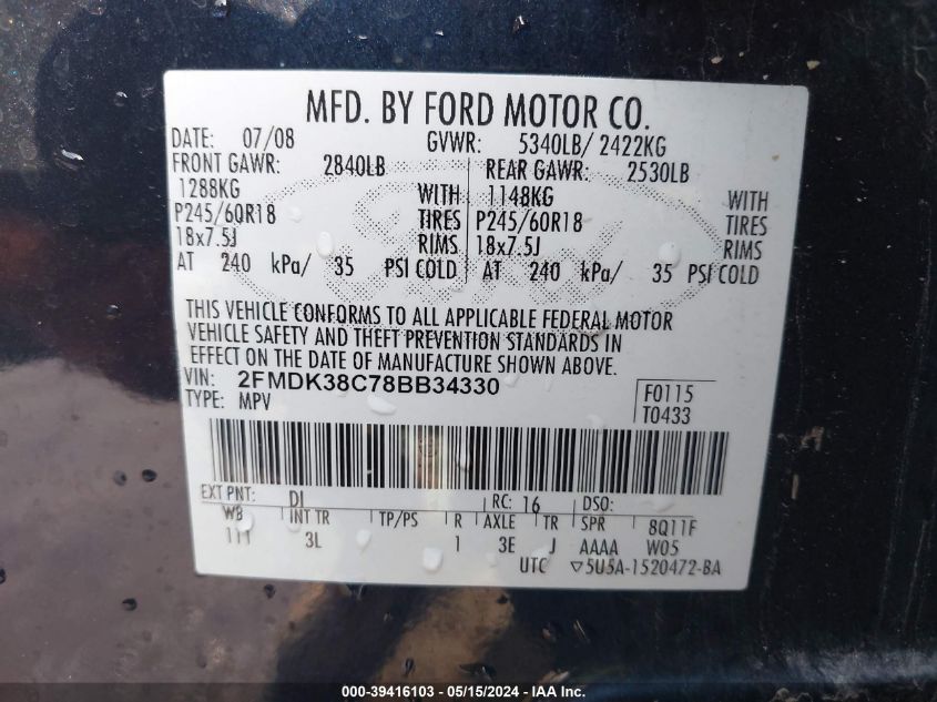 2008 Ford Edge Sel VIN: 2FMDK38C78BB34330 Lot: 39416103