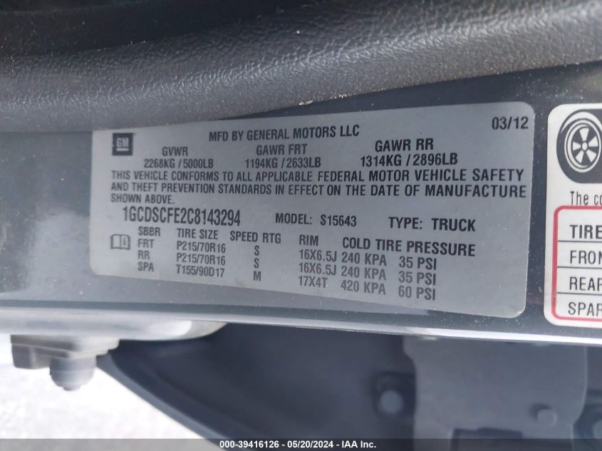 2012 Chevrolet Colorado 1Lt VIN: 1GCDSCFE2C8143294 Lot: 39416126