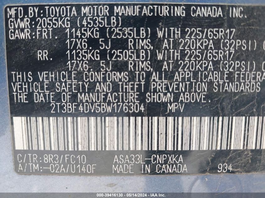 2011 Toyota Rav4 VIN: 2T3BF4DV5BW176304 Lot: 39416130