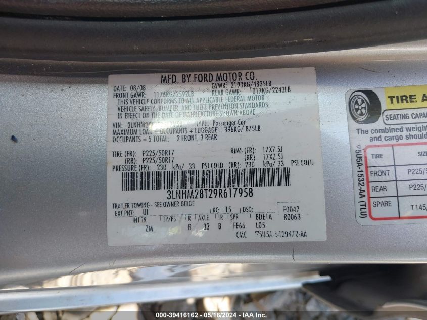 2009 Lincoln Mkz VIN: 3LNHM28T29R617958 Lot: 39416162