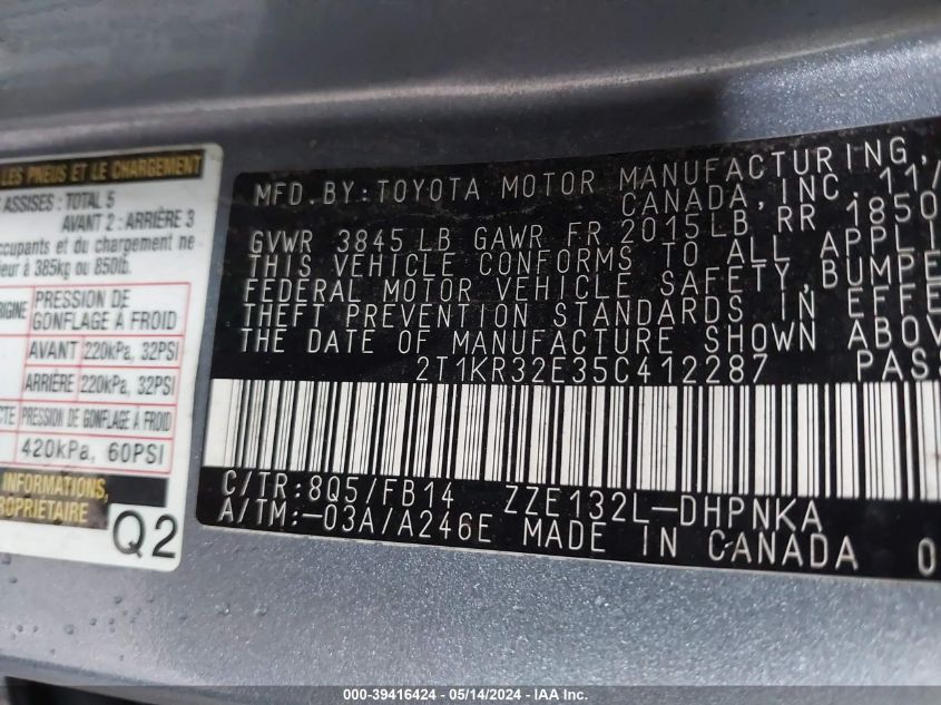 2005 Toyota Matrix Xr VIN: 2T1KR32E35C412287 Lot: 39416424