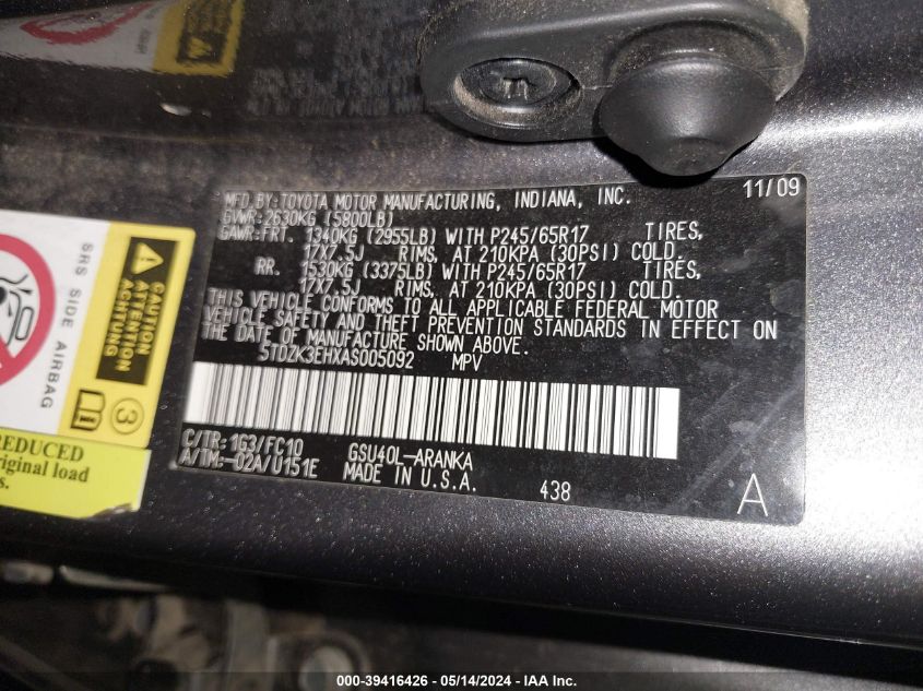 2010 Toyota Highlander Base V6 VIN: 5TDZK3EHXAS005092 Lot: 39416426