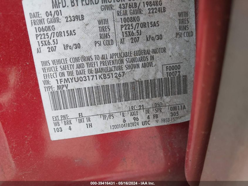 2001 Ford Escape Xlt VIN: 1FMYU03171KB51267 Lot: 39416431