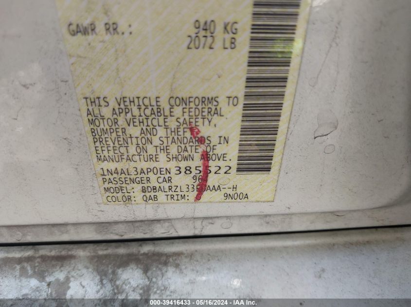 2014 Nissan Altima 2.5 S VIN: 1N4AL3AP0EN385522 Lot: 39416433