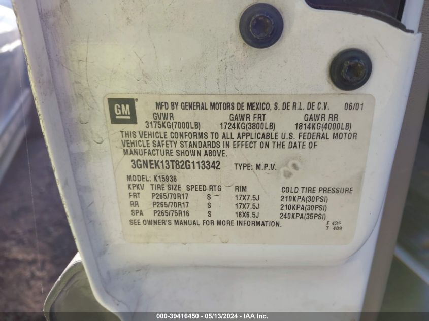 2002 Chevrolet Avalanche VIN: 3GNEK13T82G113342 Lot: 39416450