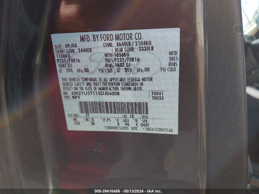 2005 Mercury Mariner Luxury/Premier VIN: 4M2YU57115DJ04008 Lot: 39416456