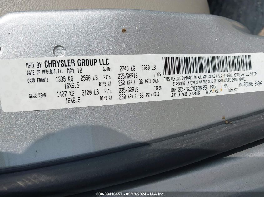2012 Dodge Grand Caravan Sxt VIN: 2C4RDGCGXCR380858 Lot: 39416457