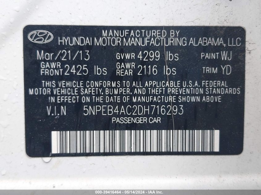 2013 Hyundai Sonata Gls VIN: 5NPEB4AC2DH716293 Lot: 39416464