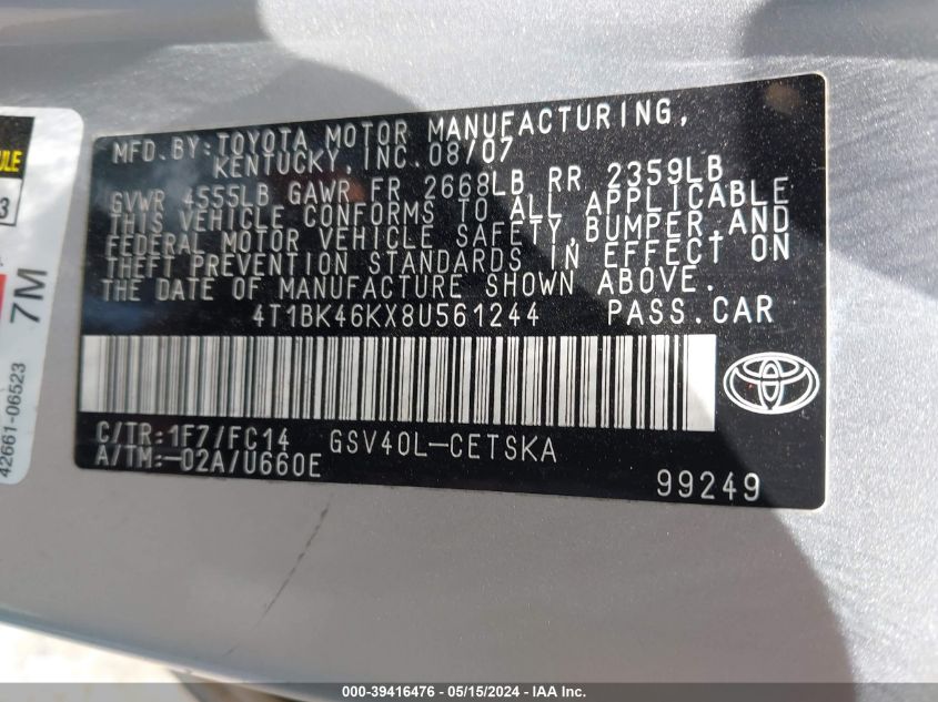 2008 Toyota Camry Se V6 VIN: 4T1BK46KX8U561244 Lot: 39416476