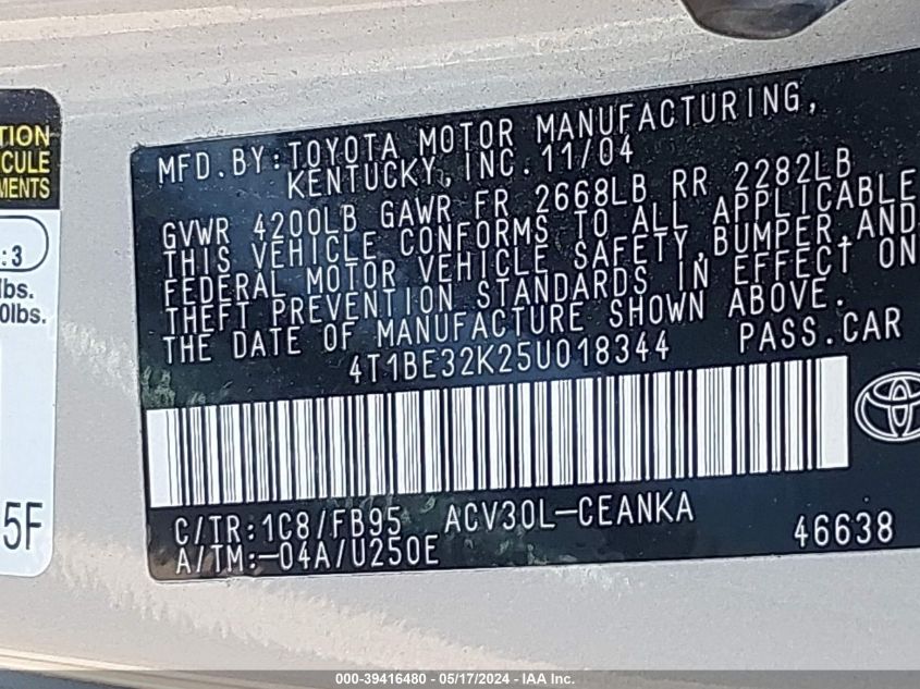 2005 Toyota Camry Le VIN: 4T1BE32K25U018344 Lot: 39416480