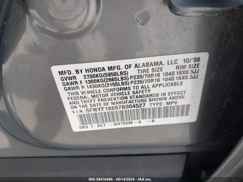 2007 Honda Pilot Ex-L VIN: 5FNYF18697B004527 Lot: 39416495