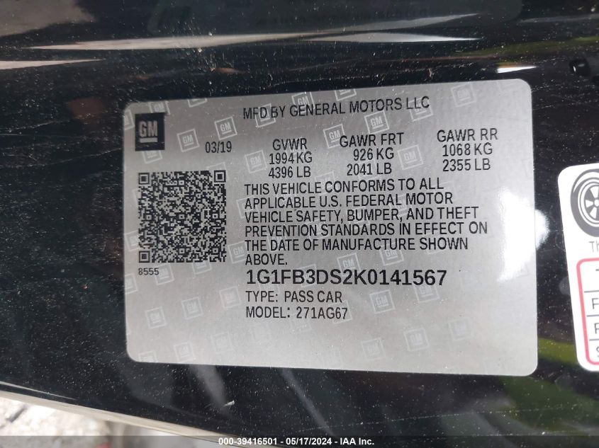 2019 Chevrolet Camaro 1Lt VIN: 1G1FB3DS2K0141567 Lot: 39416501
