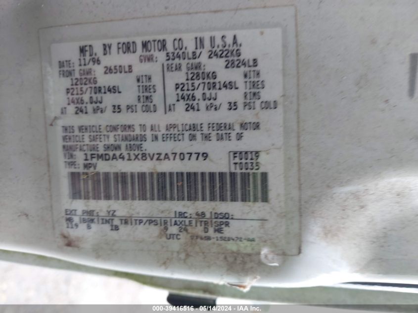 1997 Ford Aerostar Xlt VIN: 1FMDA41X8VZA70779 Lot: 39416516