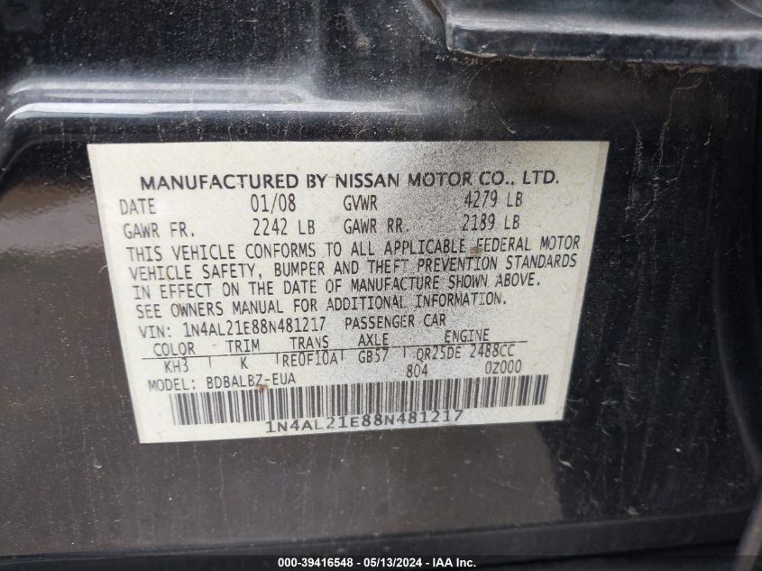2008 Nissan Altima 2.5 S VIN: 1N4AL21E88N481217 Lot: 39416548