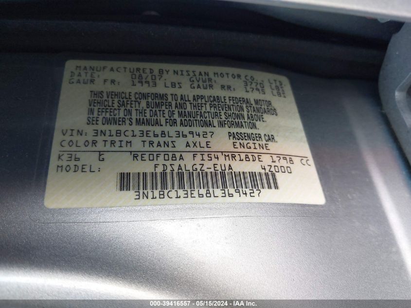 2008 Nissan Versa 1.8Sl VIN: 3N1BC13E68L369427 Lot: 39416557