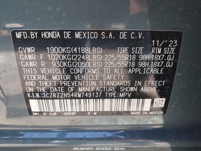 2024 Honda Hr-V Awd Sport/Awd Sport W/O Bsi VIN: 3CZRZ2H54RM749137 Lot: 39416575