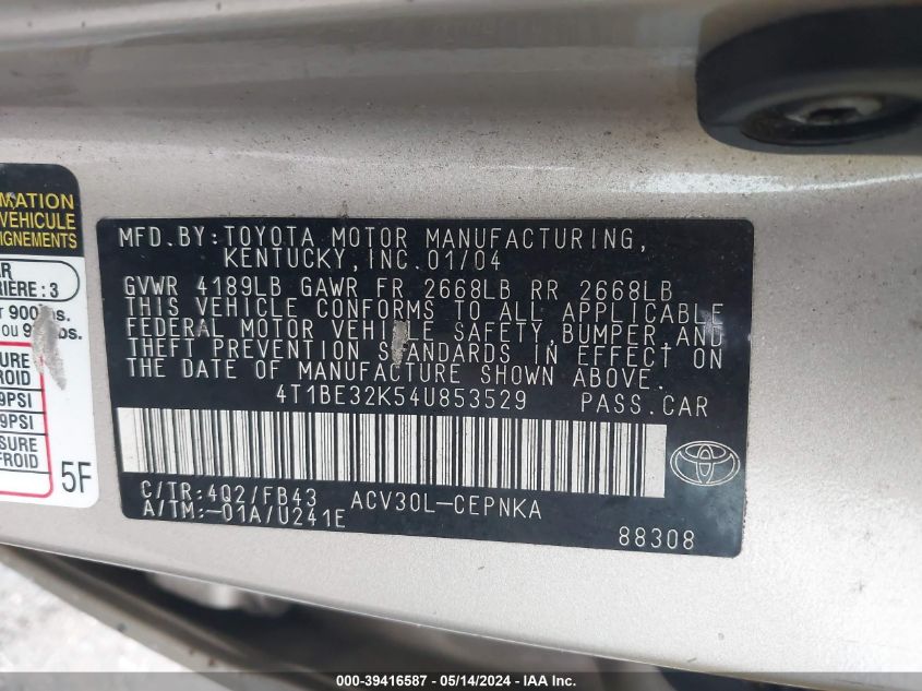 2004 Toyota Camry Le VIN: 4T1BE32K54U853529 Lot: 39416587