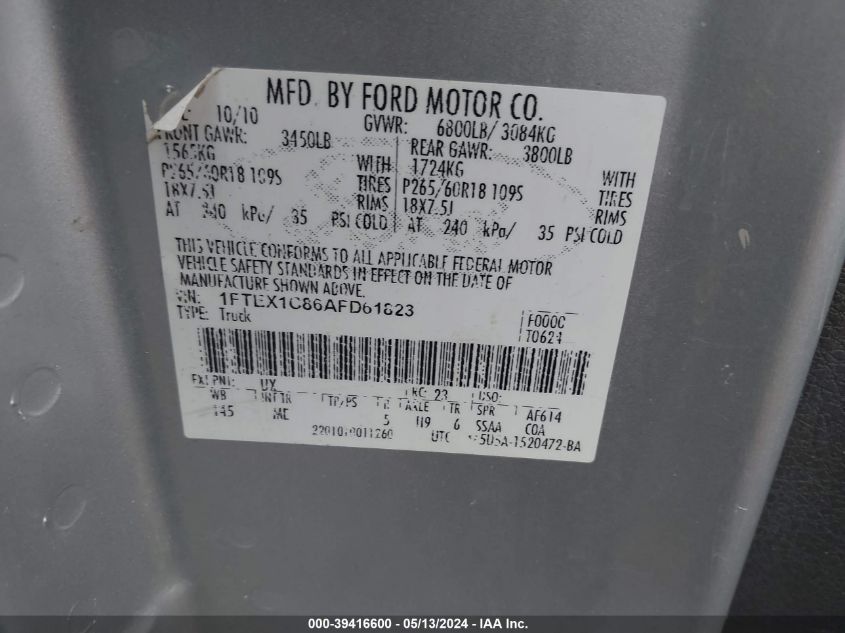 2010 Ford F-150 VIN: 1FTEX1C86AFD61823 Lot: 39416600