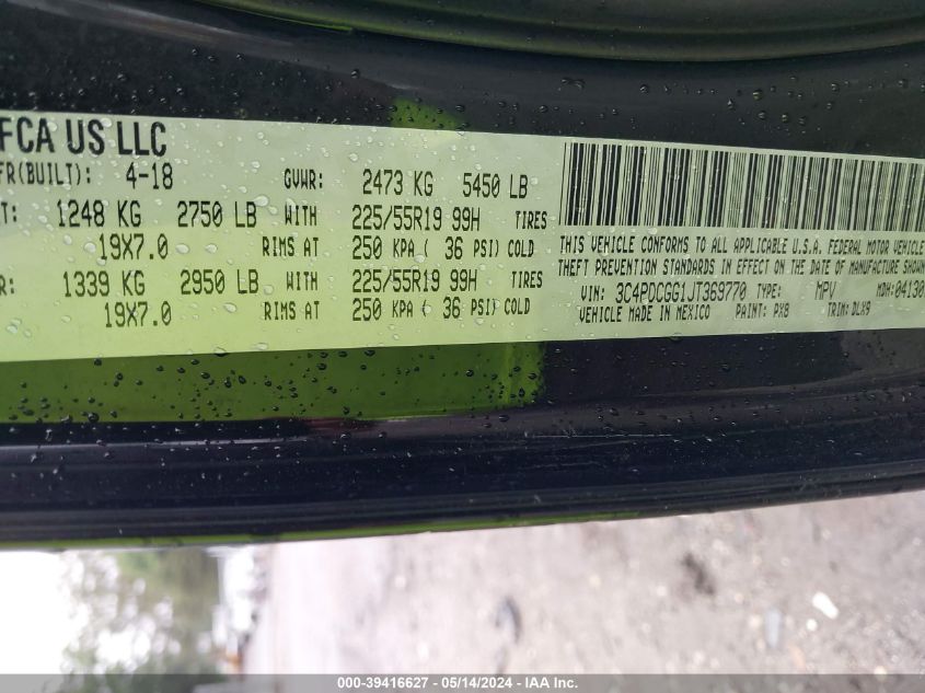 2018 Dodge Journey Crossroad VIN: 3C4PDCGG1JT369770 Lot: 39416627