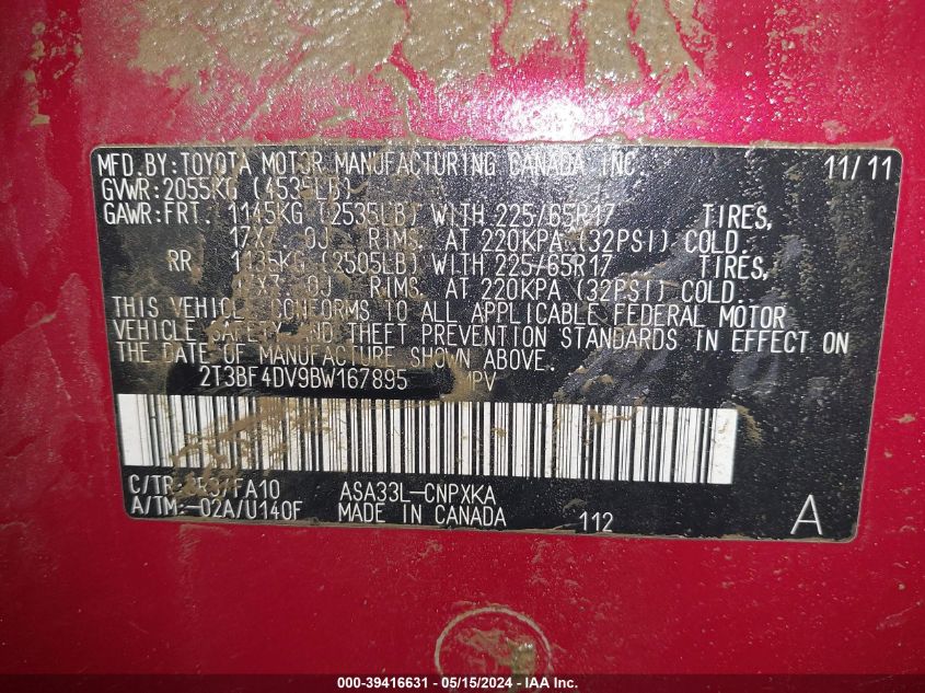 2011 Toyota Rav4 VIN: 2T3BF4DV9BW167895 Lot: 39416631