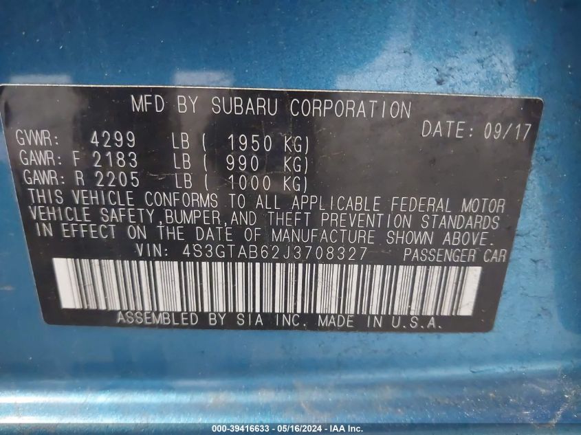 2018 Subaru Impreza 2.0I Premium VIN: 4S3GTAB62J3708327 Lot: 39416633