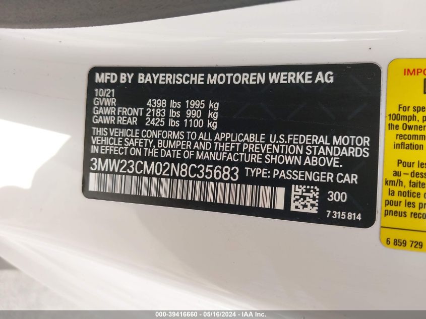 2022 BMW 230 I VIN: 3MW23CM02N8C35683 Lot: 39416660