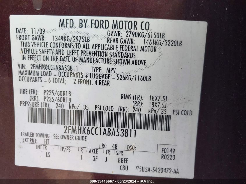 2010 Ford Flex Sel VIN: 2FMHK6CC1ABA53811 Lot: 39416667