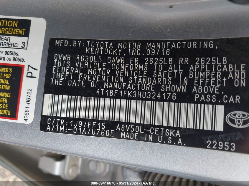 2017 TOYOTA CAMRY SE - 4T1BF1FK3HU324176