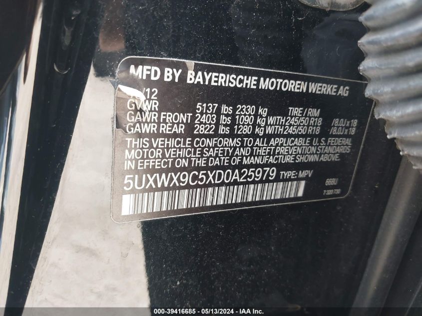 2013 BMW X3 xDrive28I VIN: 5UXWX9C5XD0A25979 Lot: 39416685