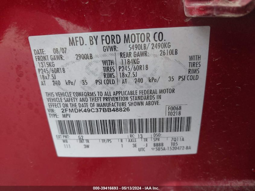 2007 Ford Edge Sel Plus VIN: 2FMDK49C37BB48826 Lot: 39416693