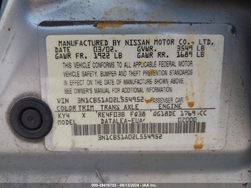 2002 Nissan Sentra Gxe VIN: 3N1CB51A02L554952 Lot: 39416702