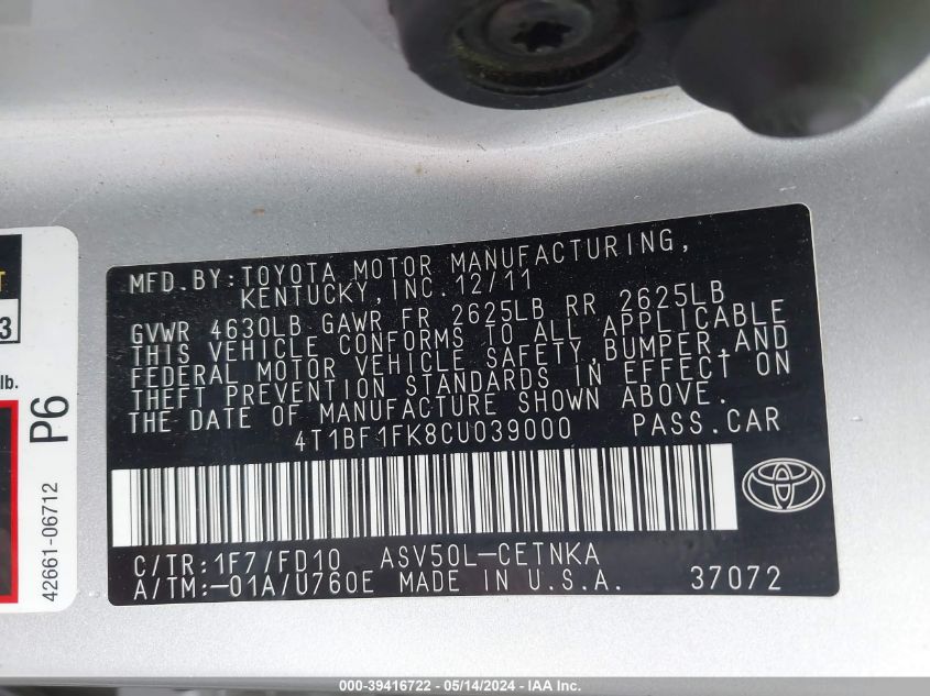 2012 Toyota Camry Se/Le/Xle VIN: 4T1BF1FK9CU059000 Lot: 39416722