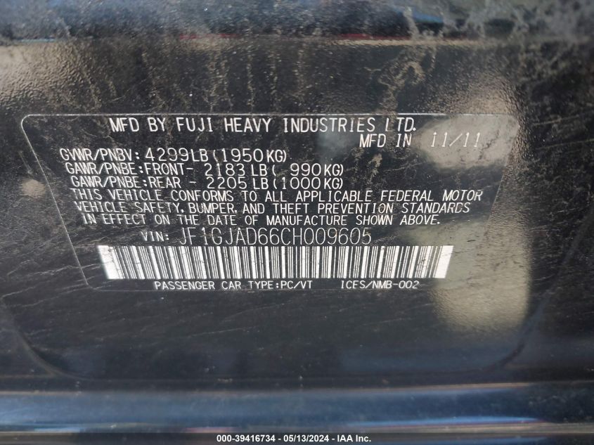 2012 Subaru Impreza 2.0I Premium VIN: JF1GJAD66CH009605 Lot: 39416734