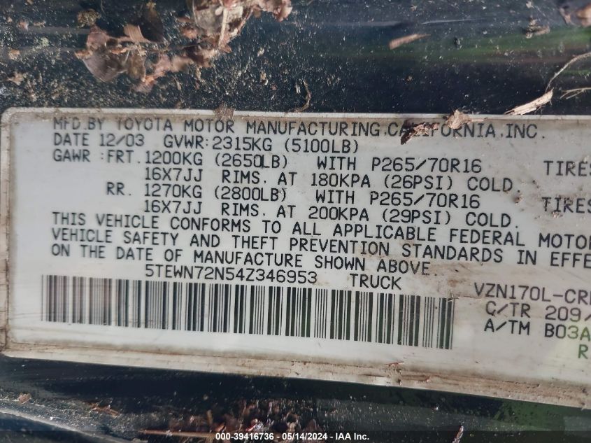 2004 Toyota Tacoma Base V6 VIN: 5TEWN72N54Z346953 Lot: 39416736