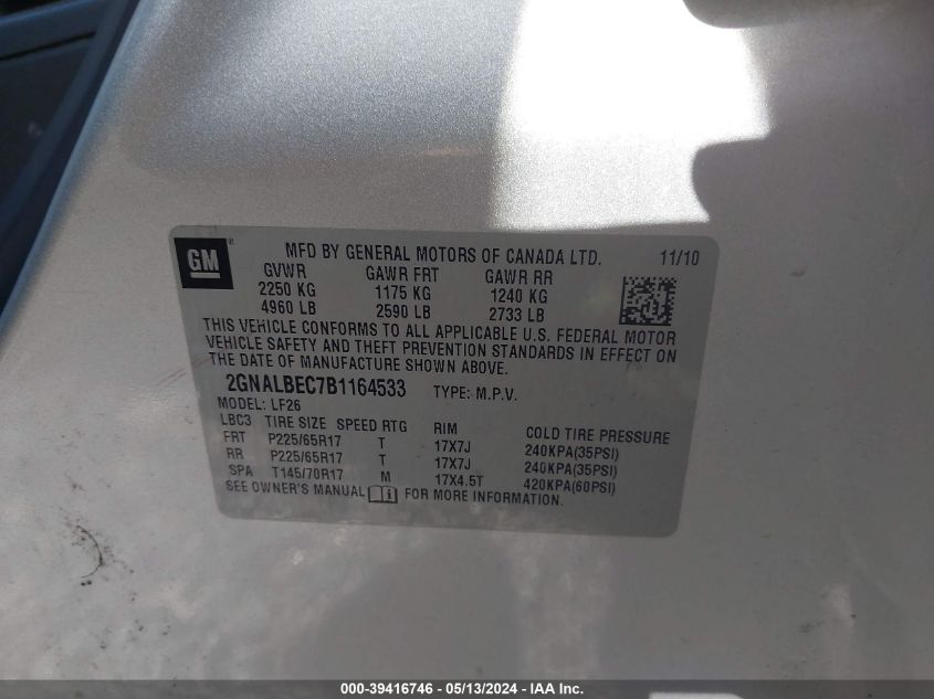 2011 Chevrolet Equinox Ls VIN: 2GNALBEC7B1164533 Lot: 39416746