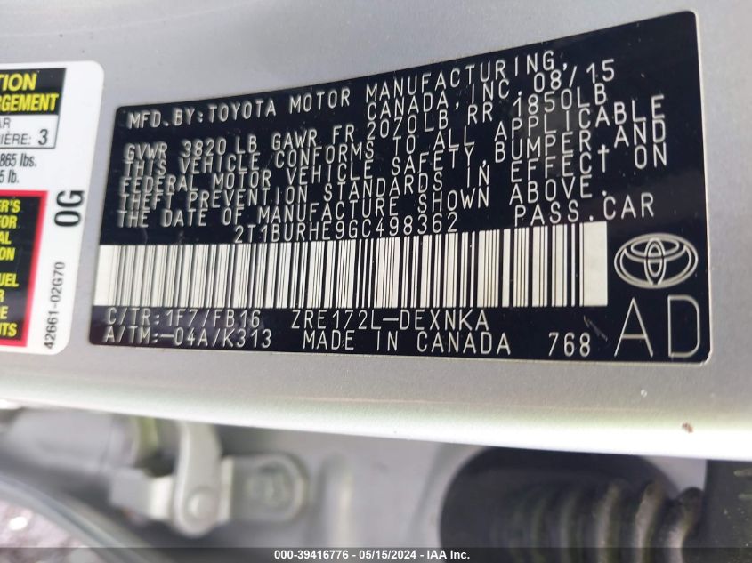 2016 Toyota Corolla Le VIN: 2T1BURHE9GC498362 Lot: 39416776