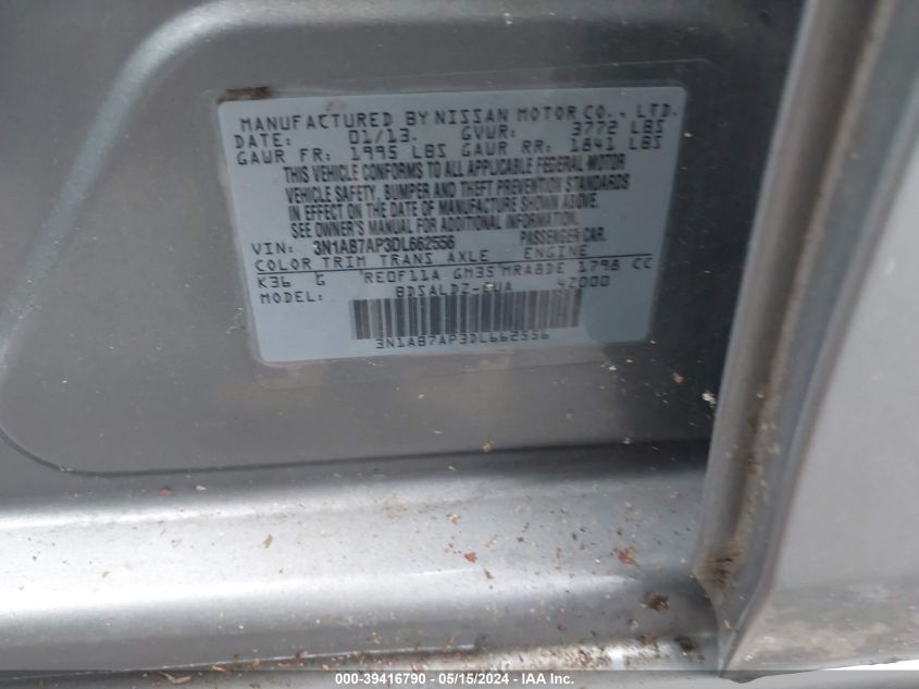 2013 Nissan Sentra Sv VIN: 3N1AB7AP3DL662556 Lot: 39416790