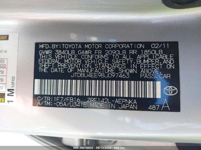 2011 Toyota Corolla Le VIN: JTDBU4EE9BJ097463 Lot: 39416802