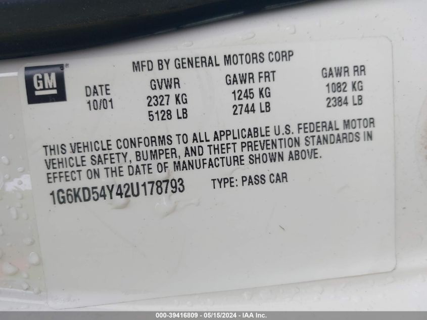 2002 Cadillac Deville Standard VIN: 1G6KD54Y42U178793 Lot: 39416809