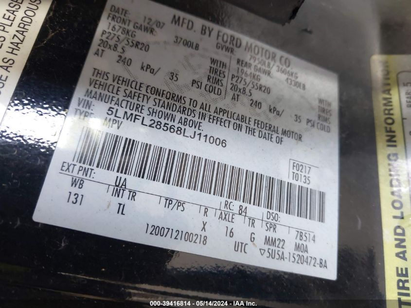 2008 Lincoln Navigator L VIN: 5LMFL28568LJ11006 Lot: 39416814