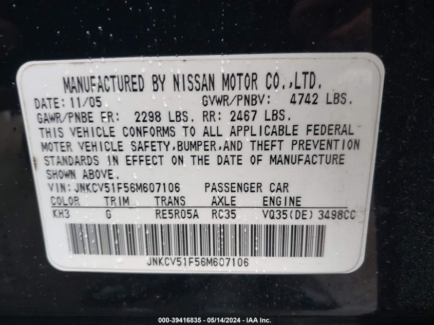 2006 Infiniti G35X VIN: JNKCV51F56M607106 Lot: 39416835