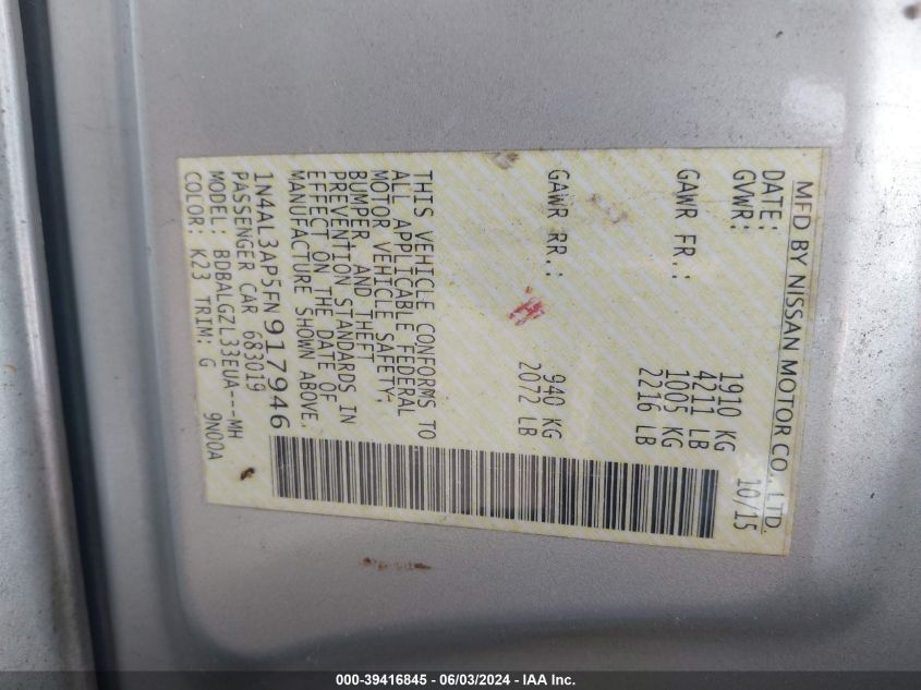 2015 Nissan Altima 2.5 S VIN: 1N4AL3AP5FN917946 Lot: 39416845