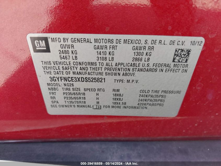 2013 Cadillac Srx Luxury Collection VIN: 3GYFNCE3XDS525821 Lot: 39416859