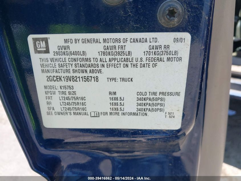 2002 Chevrolet Silverado 1500 VIN: 2GCEK19V821156718 Lot: 39416862