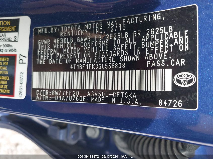 2016 Toyota Camry Se VIN: 4T1BF1FK3GU556808 Lot: 39416872